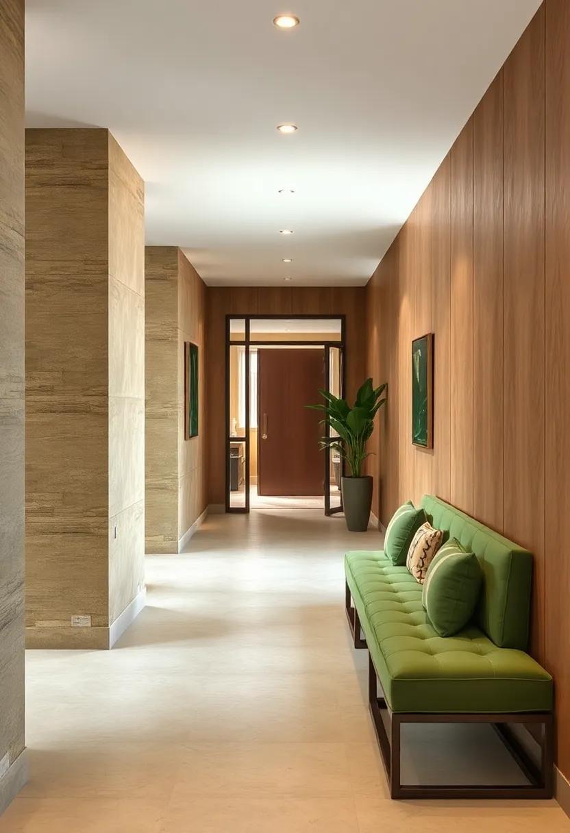 Subtle Honey Brown Paneling with Muted Green Upholstered Benches Inviting Relaxation at the Entrance