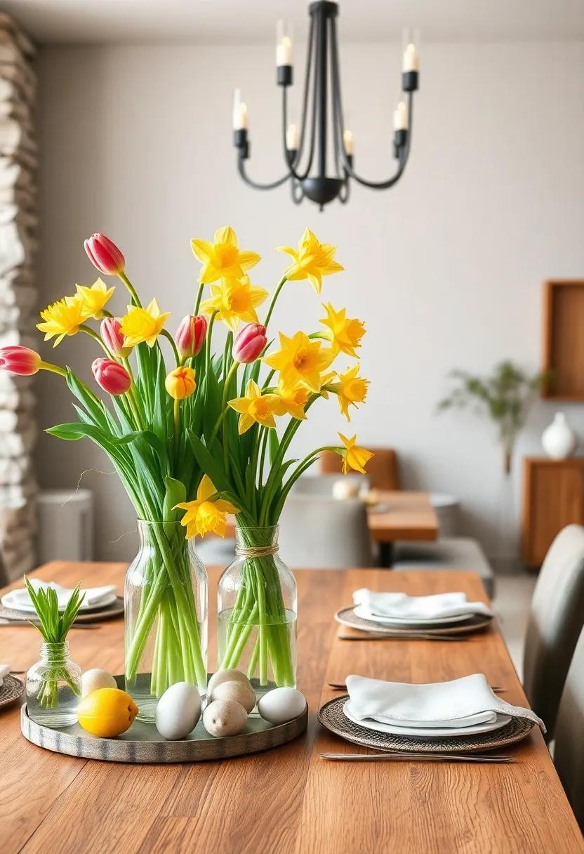 Glass Vases Filled With Fresh Tulips And Daffodils Bringing Vibrant Spring Colors To The Table