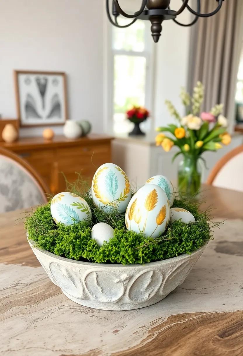 Hand-Painted Egg Ornaments Nested In Moss With Gold Accents Adding A Touch Of Luxury
