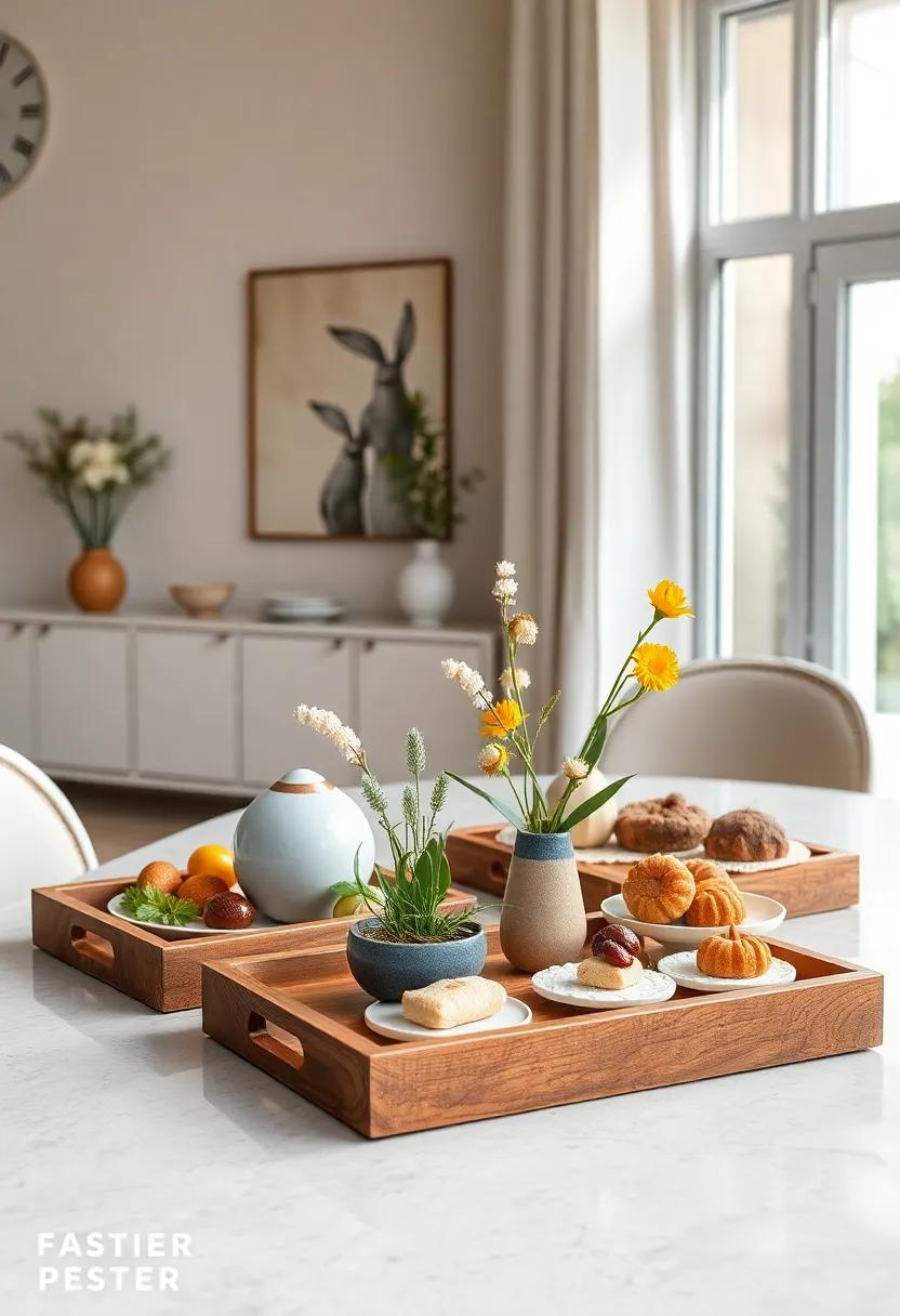 Minimalistic Wooden Serving Trays Displaying Assorted Spring Delicacies With Artistic Flair