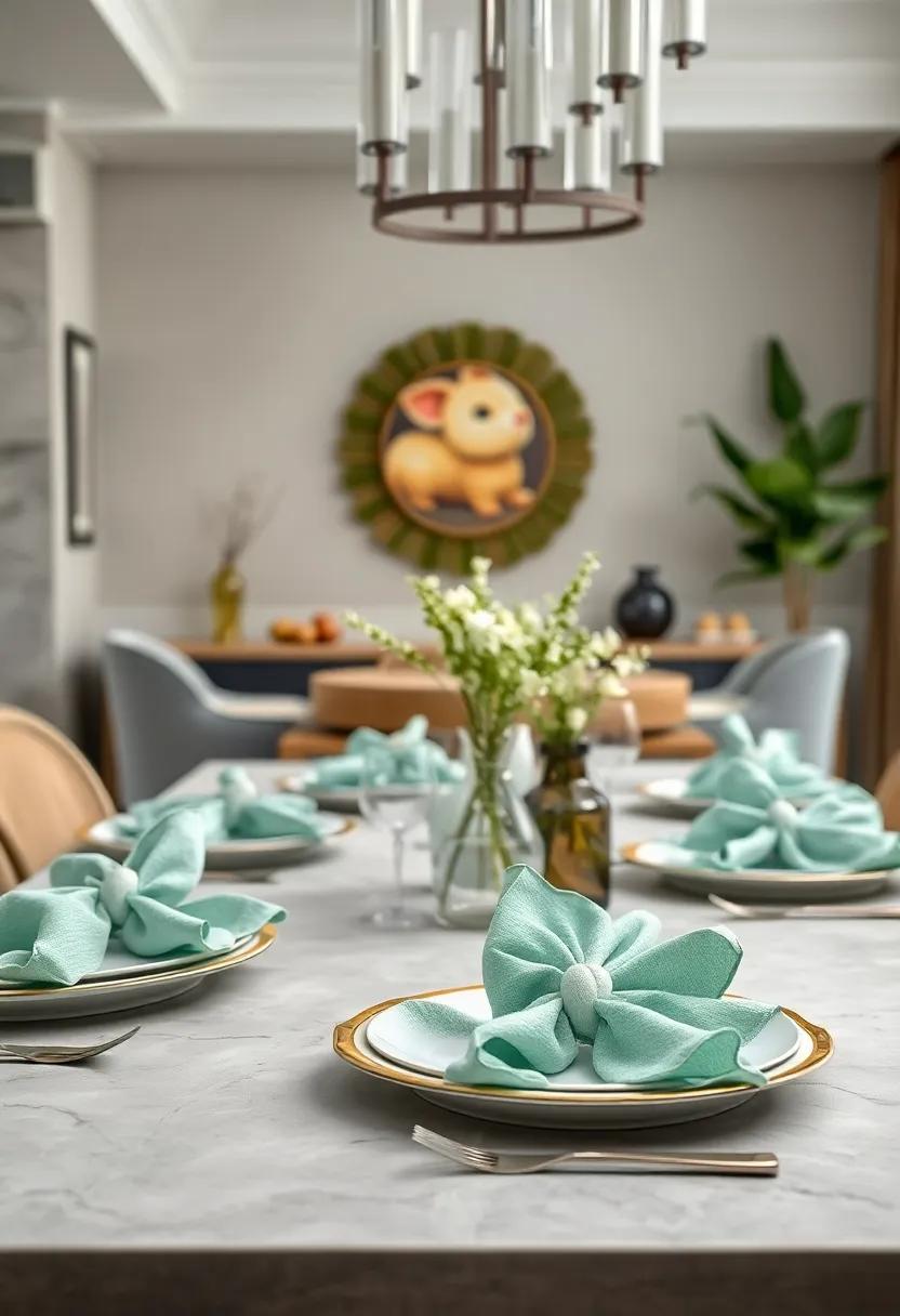 Mint Green Napkins Folded Into Floral Shapes Creating Charming Easter Place Settings