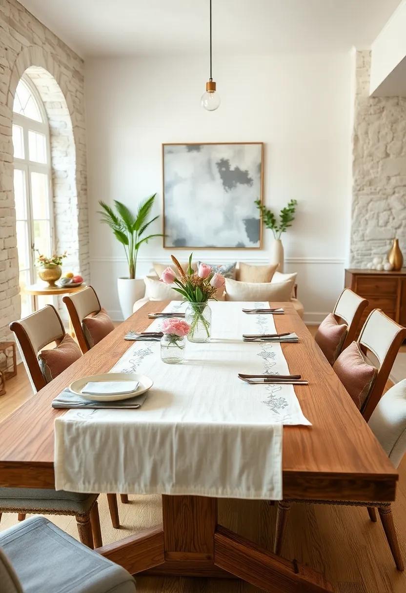 Natural Linen Table Runners Embellished With Subtle Easter Embroidery To Enhance Table Elegance