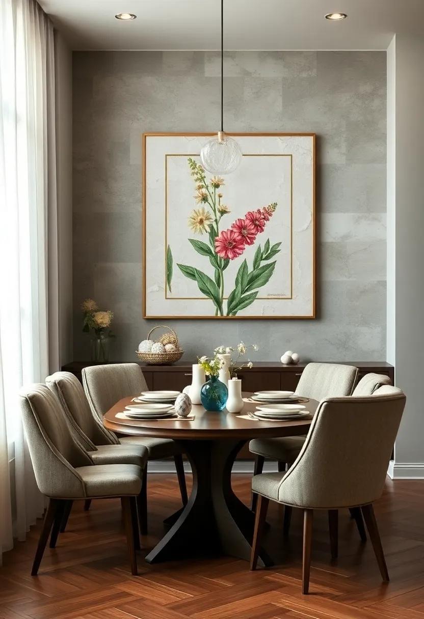 Textured Wall Art Featuring Botanical Prints Elevating The Dining Room Atmosphere With Nature