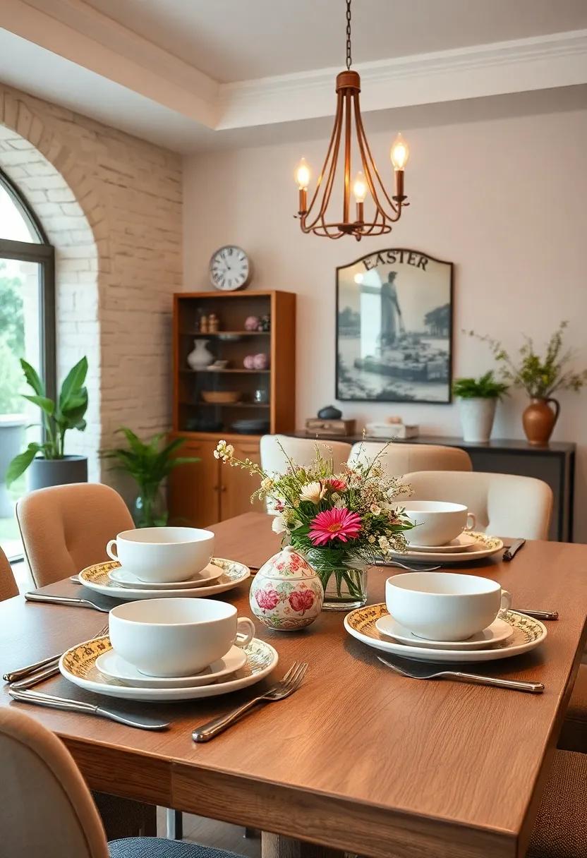 Vintage Porcelain Dishes Paired With Modern Cutlery Creating A Harmonious Spring Dining Experience