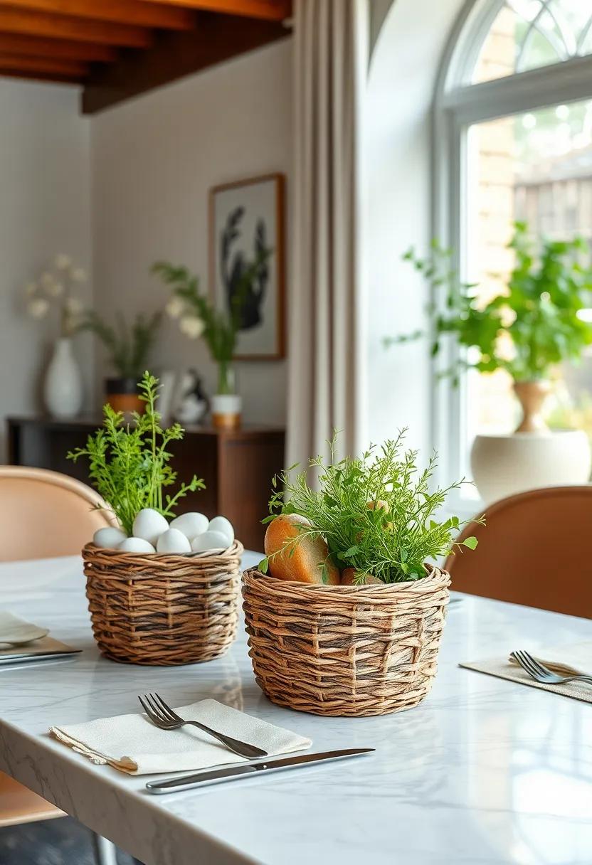 Woven Basket Bread Holders Adorned With Fresh Herbs For A Rustic Yet Refined Easter Setup