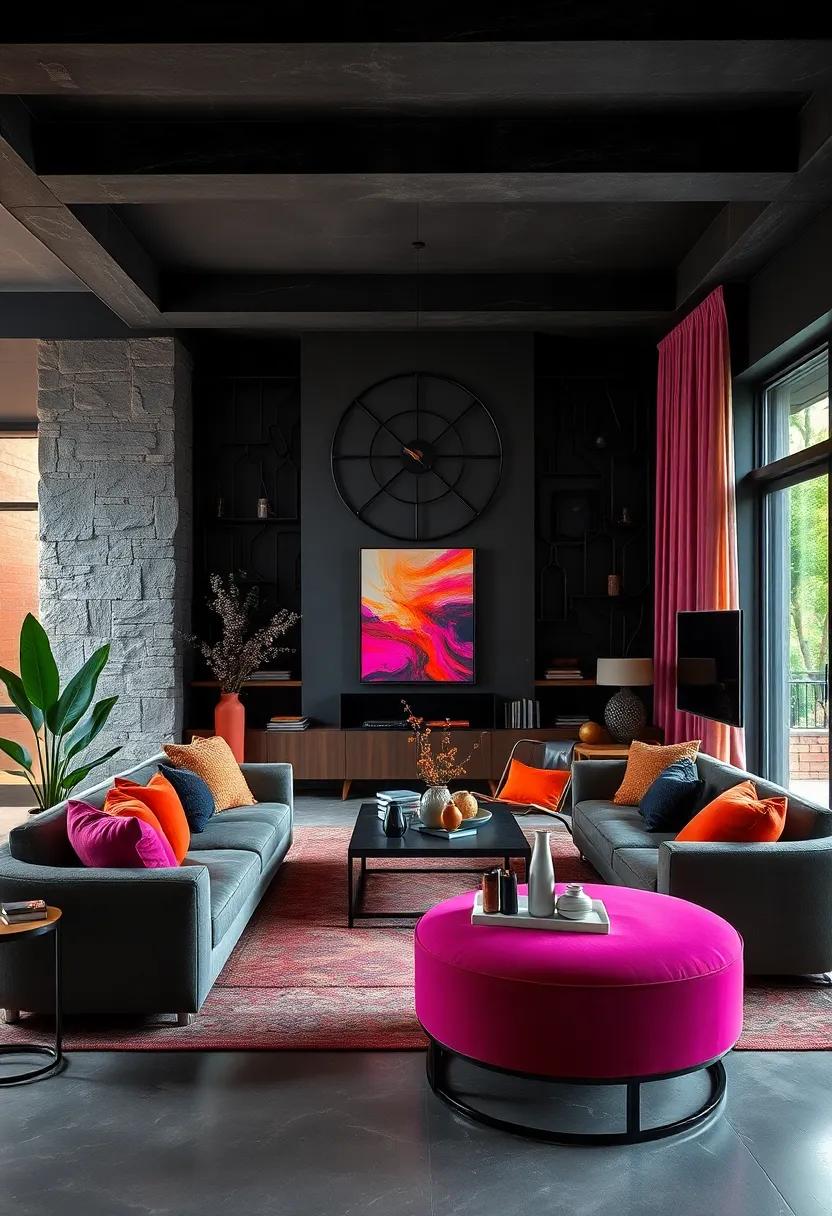 Dramatic Dark Hues Balanced with Neon Highlights for a Chic and Edgy Living Area