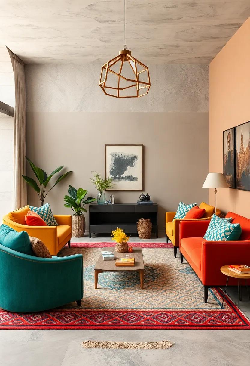 Layering Patterned Rugs and Cushions in Diverse Color Families to Create Visual Rhythm