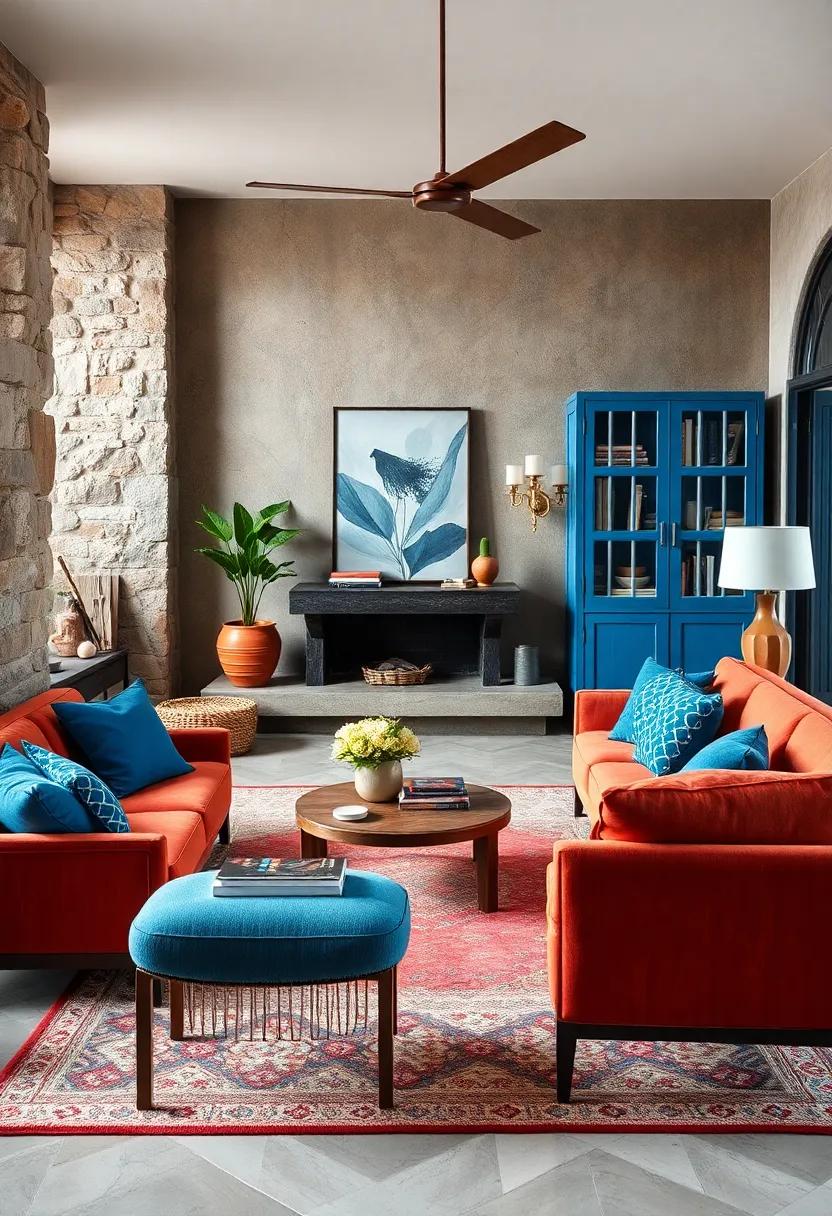 Rustic Brown and Electric Blue Contrasted in Furniture and Decor for Bold Statement Rooms