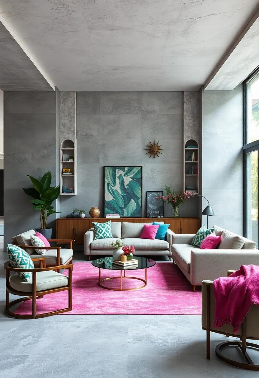 Soft Gray Foundations Highlighted by Emerald and Magenta Textures Creating Modern Elegance
