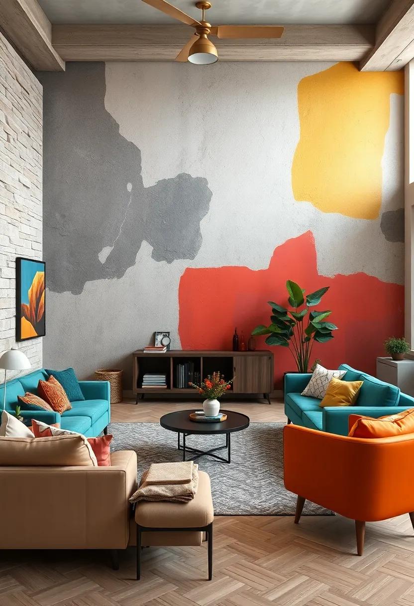 Striking Urban Wall Murals Paired With Diverse Furniture Colors for Eclectic Living Zones