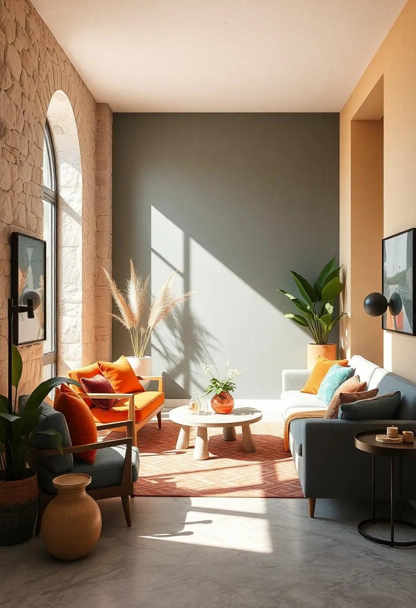 Sunlit Rooms Enhanced by Unexpected Color Pairings and Textural Contrasts for Depth