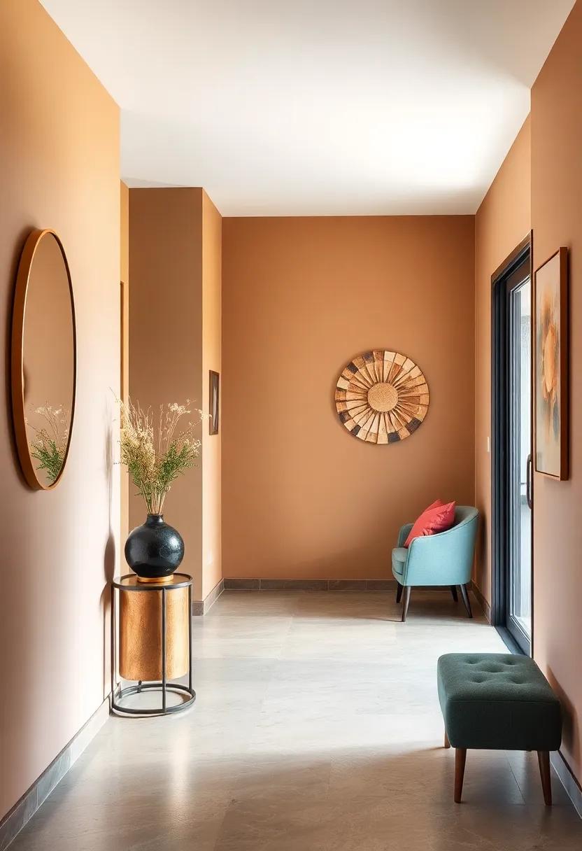Mixing Metallic Accents With Earthy Shades for a Sophisticated Hallway Glow