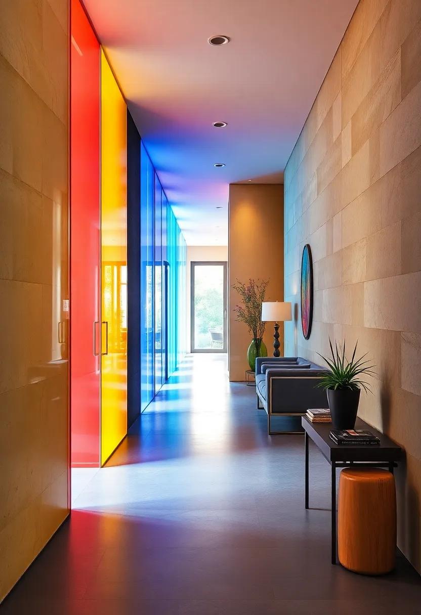 Translucent Colored Partitions Casting Kaleidoscopic Light Across Hallway Paths