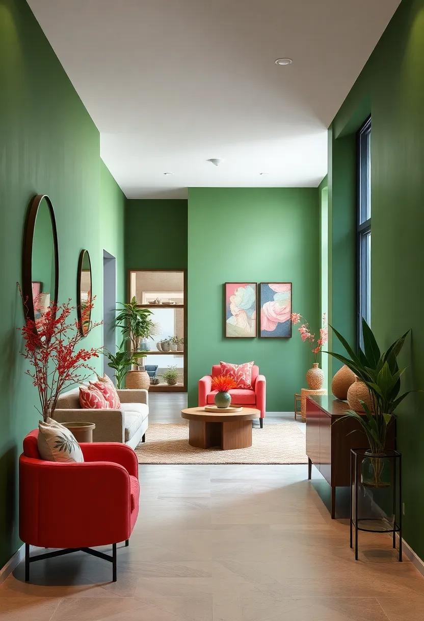 Lush Green Walls Intersected With Pops of Bright Coral for Nature-Inspired Energy