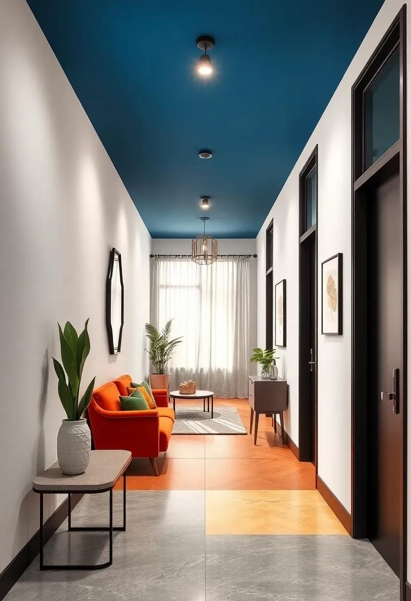 Color-Blocked Ceiling and Floor Combinations Maximizing Impact in Small Hallways
