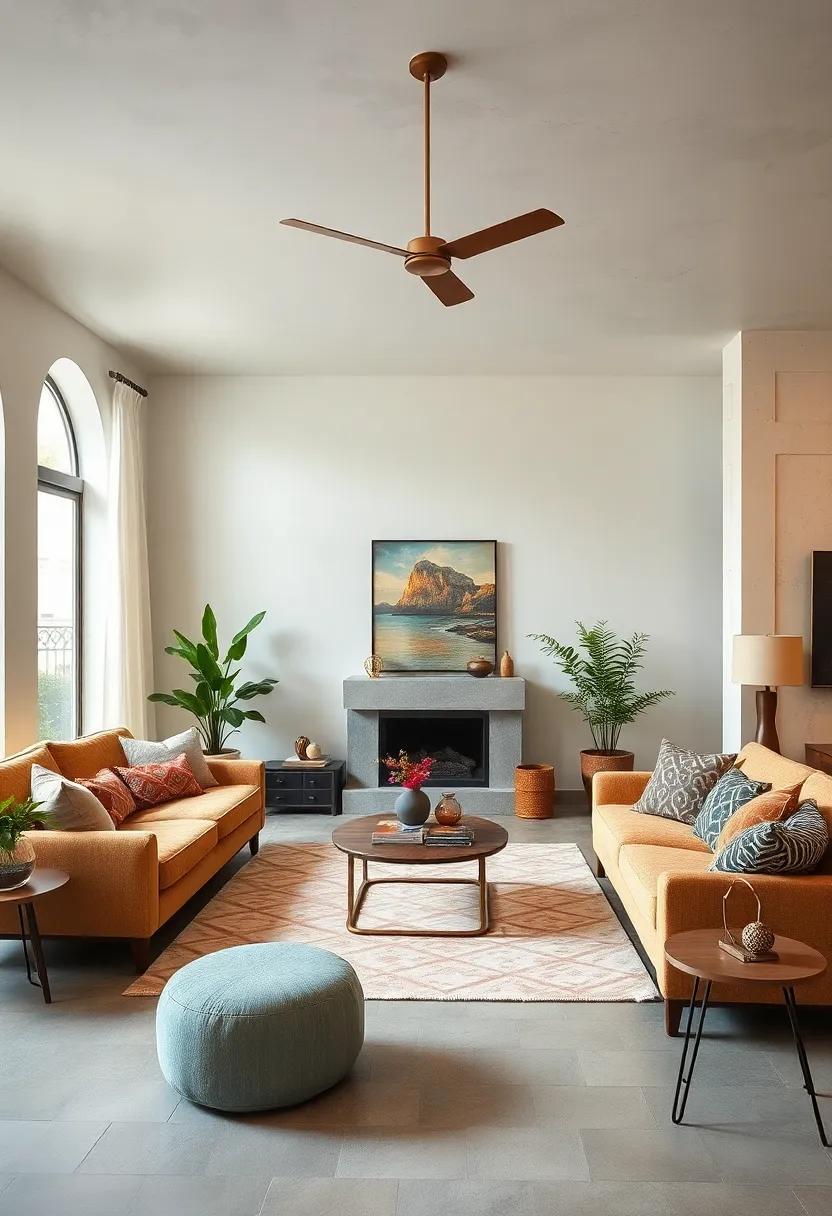 Cozy Living Room Featuring a Blend of Vintage and Modern Furniture with Warm Textures and Bold Patterns