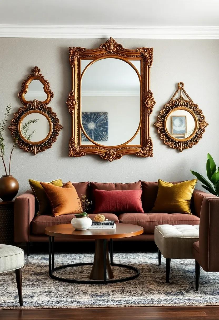Unique Wall Mirrors with Ornate Frames Creating an Artistic and Spacious Feel in Cozy Spaces
