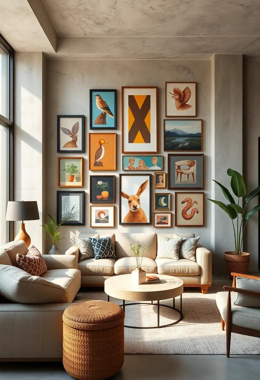 Curated Gallery Wall with Diverse Art Styles and Frames That Reflect Personal Taste and Eclectic Charm