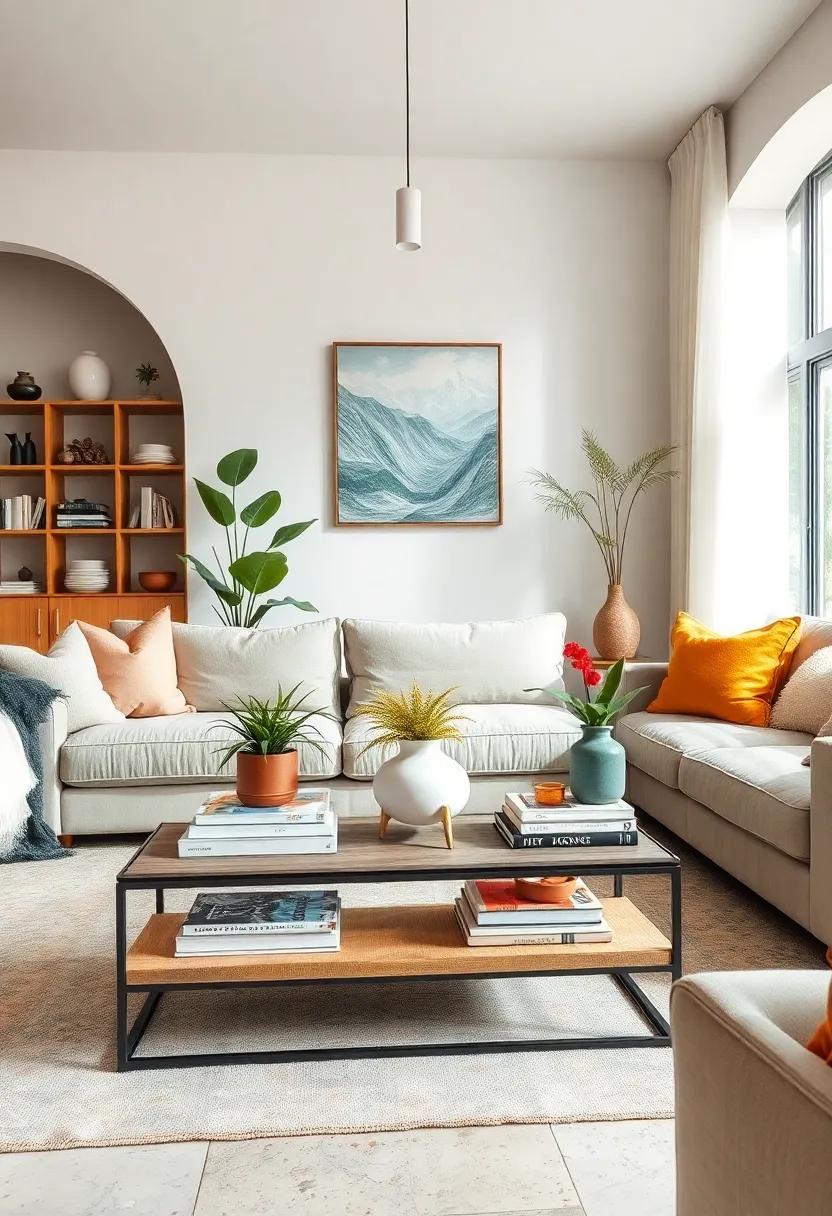 Eclectic Coffee Table Arrangements with Books, Plants, and Decorative Objects for a Welcoming Focus