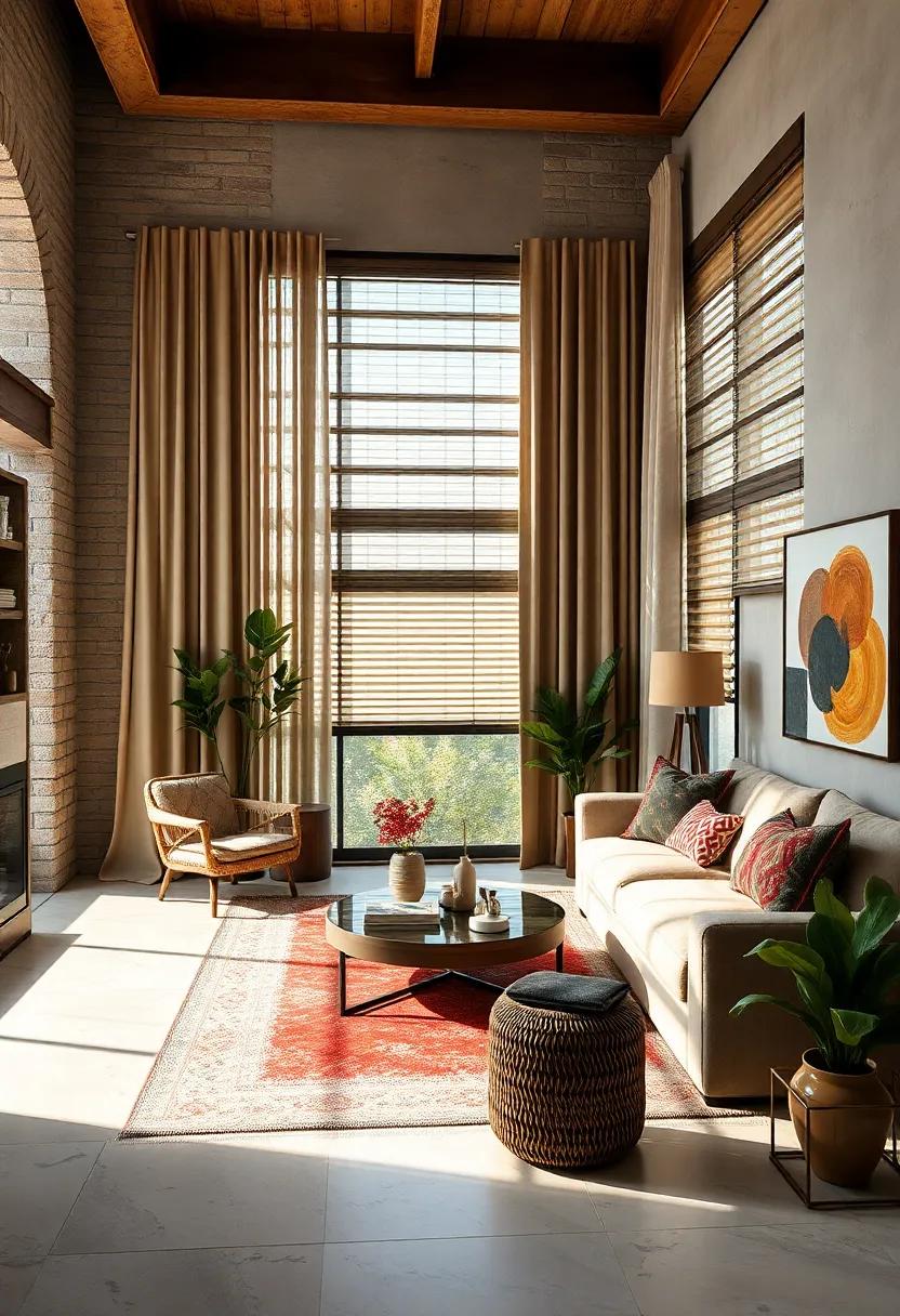 Layered Curtains and Blinds with Contrasting Textures That Add an Eclectic Vibe to the Living Room