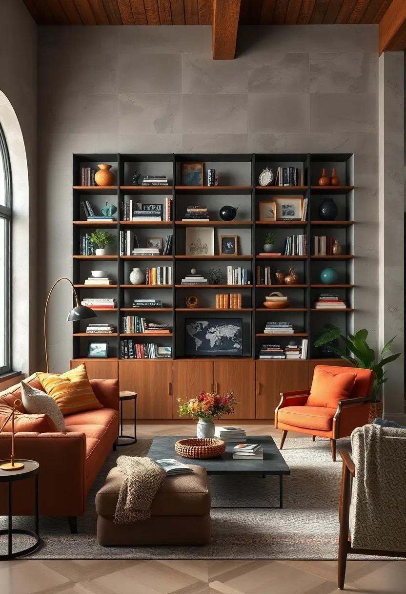 An Eclectic Bookshelf Displaying Vintage Books, Modern Sculptures, and Quirky Collectibles