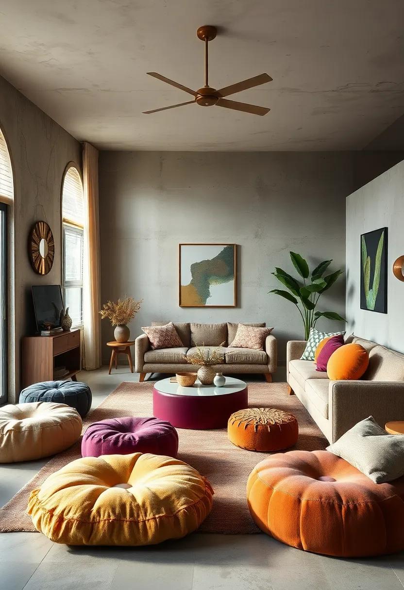 A Relaxed Lounge Area Using Floor Cushions and Poufs in Varied Shapes and Colors for Informal Comfort