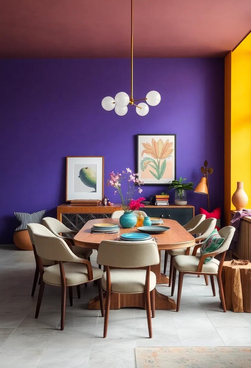Vibrant Wall Colors as a Backdrop for Eclectic Dining Room Furniture and Textiles