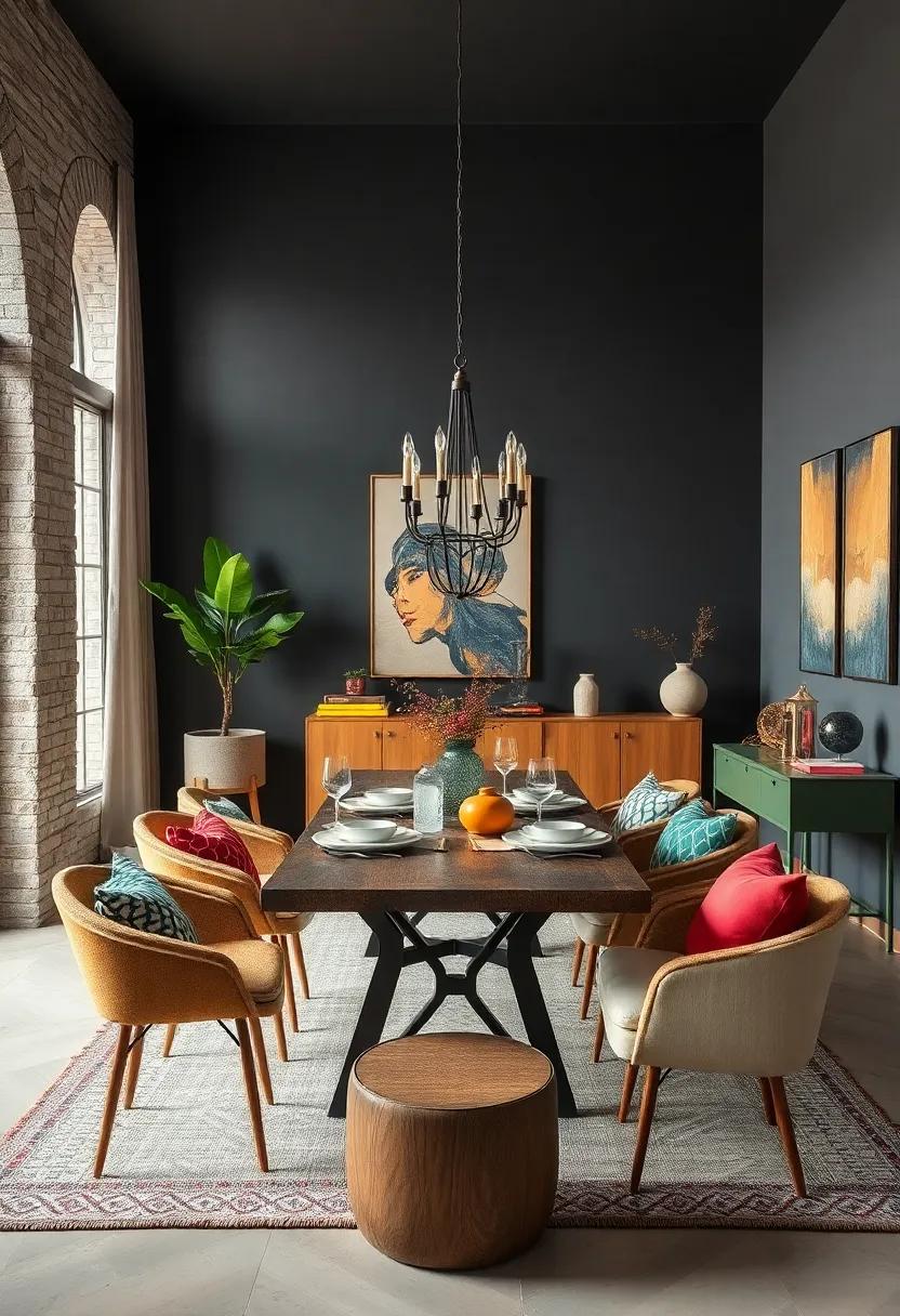 Balancing Dark and Light Bold Walls with Complementary Eclectic Dining Room Decor