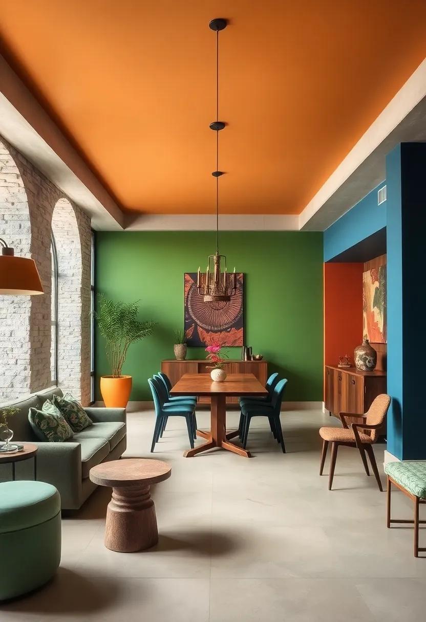 Contrasting Ceiling Colors Paired with Bold Wall Hues to Frame an Eclectic Dining Mood