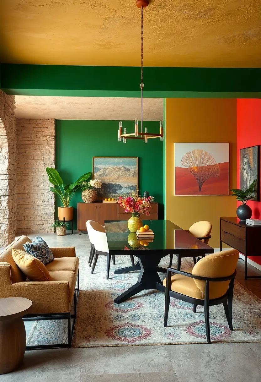 Mixing Patterns and Textures That Pop Against Bold Painted Walls in Dining Spaces