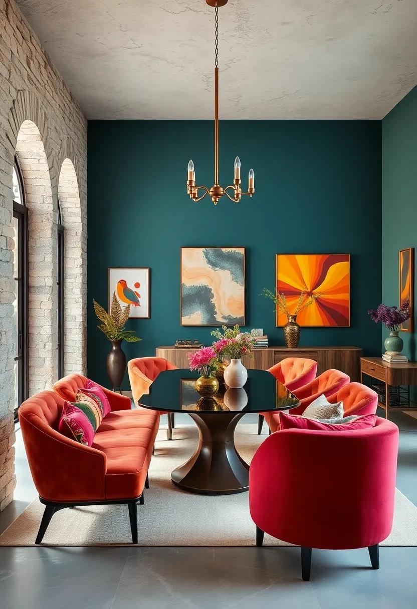 Refined Velvet Upholstery Bringing Depth to Bold Colored Wall Dining Areas