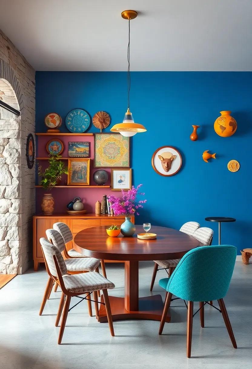 Pairing Quirky Collectibles with Bold Walls for a Playful Dining Room Atmosphere
