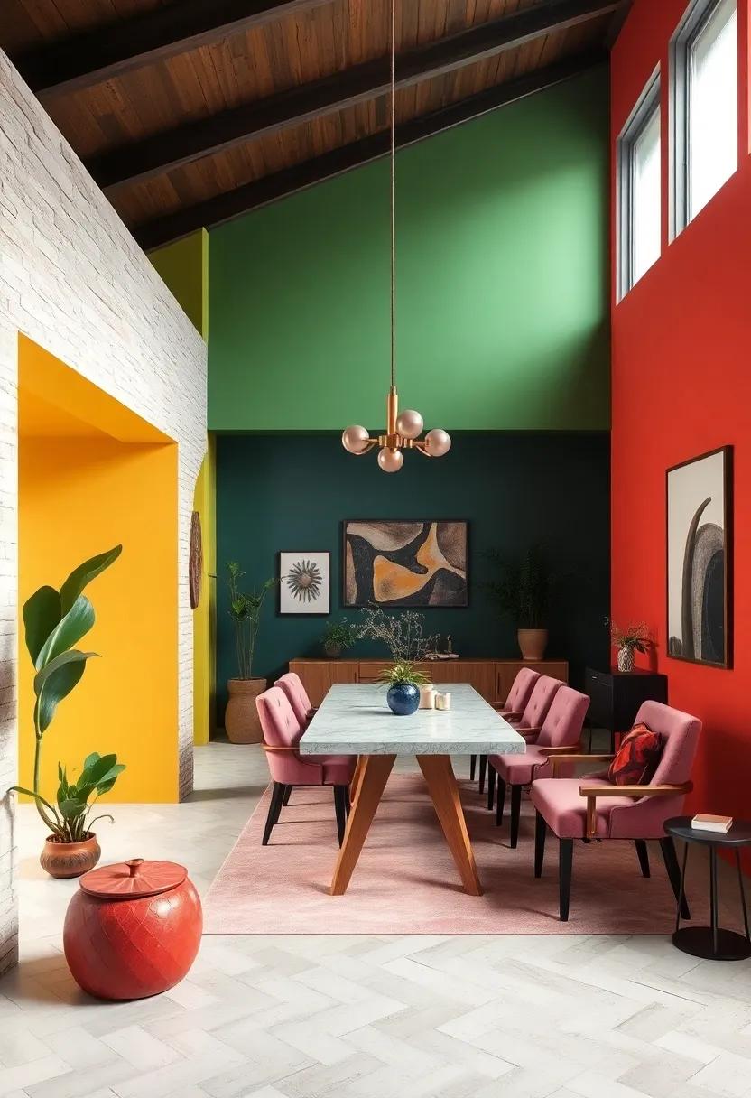 Color-Blocked Dining Room Sections That Create Visual Interest Through Bold Walls