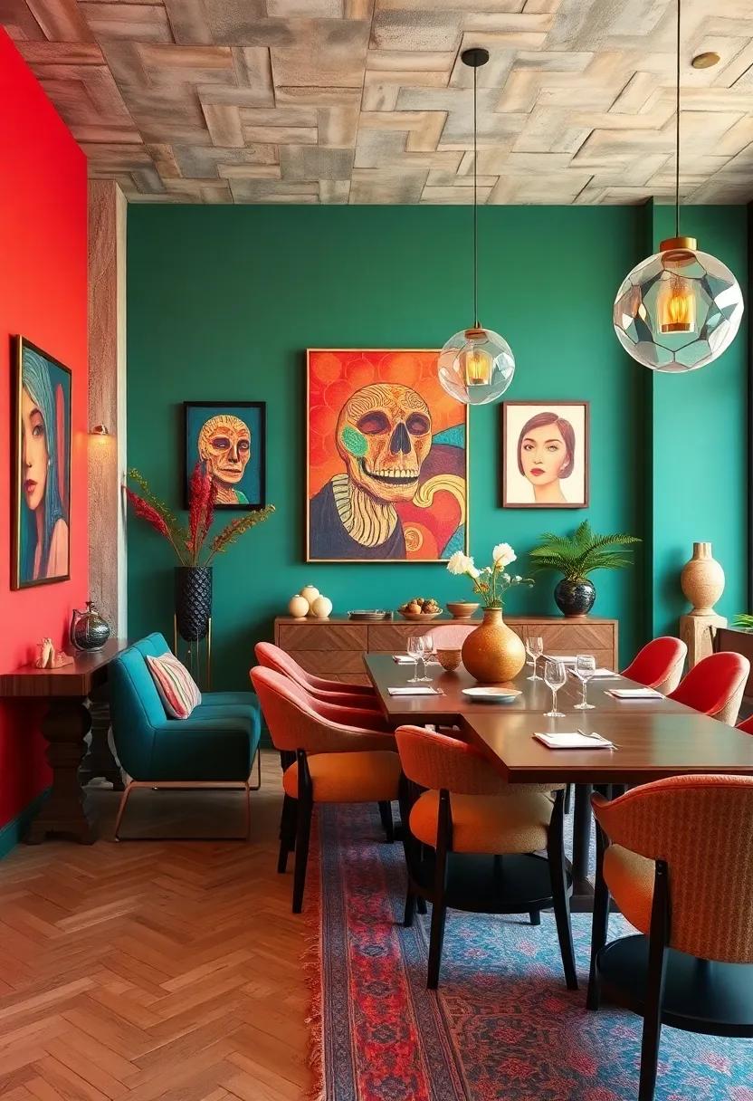 Incorporating Exotic Art Pieces on Colorful Walls to Amplify Eclectic Dining Vibes