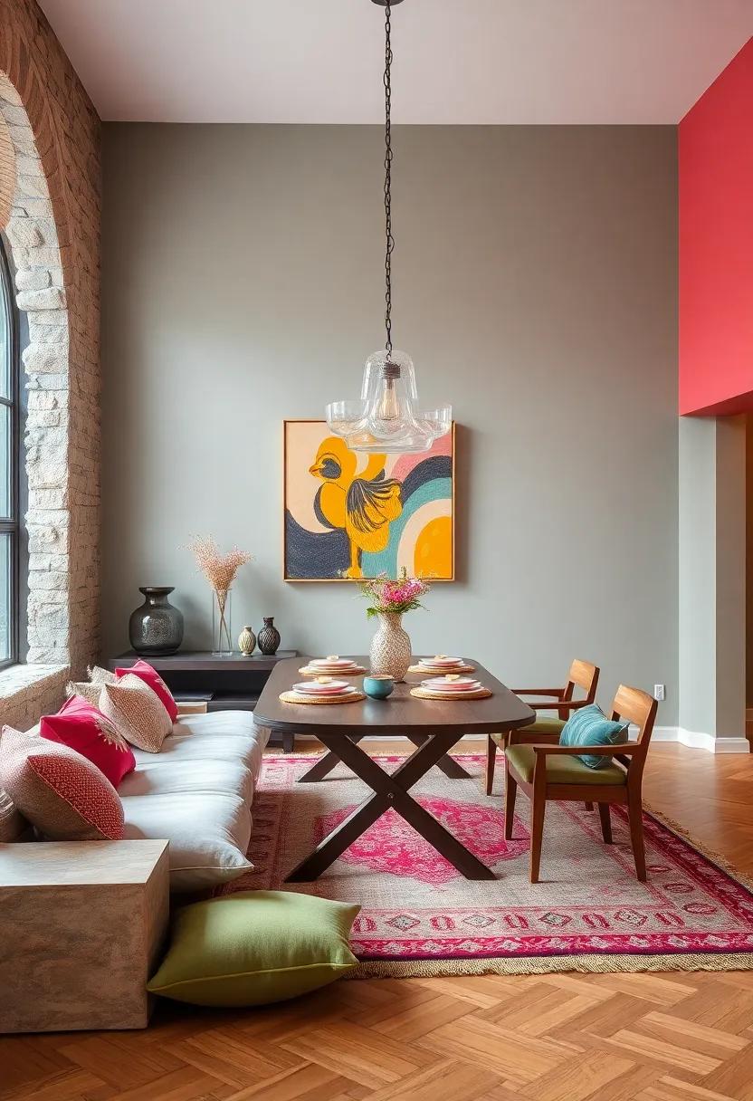 Layering Rugs and Seating Cushions in Contrast with Strong, Saturated Wall Hues