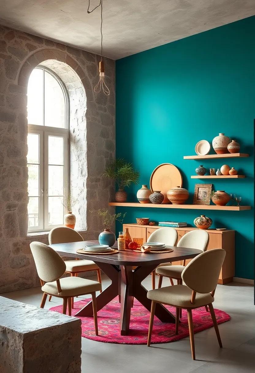 Artisan Ceramics and Pottery Displayed on Vibrantly Colored Dining Room Walls