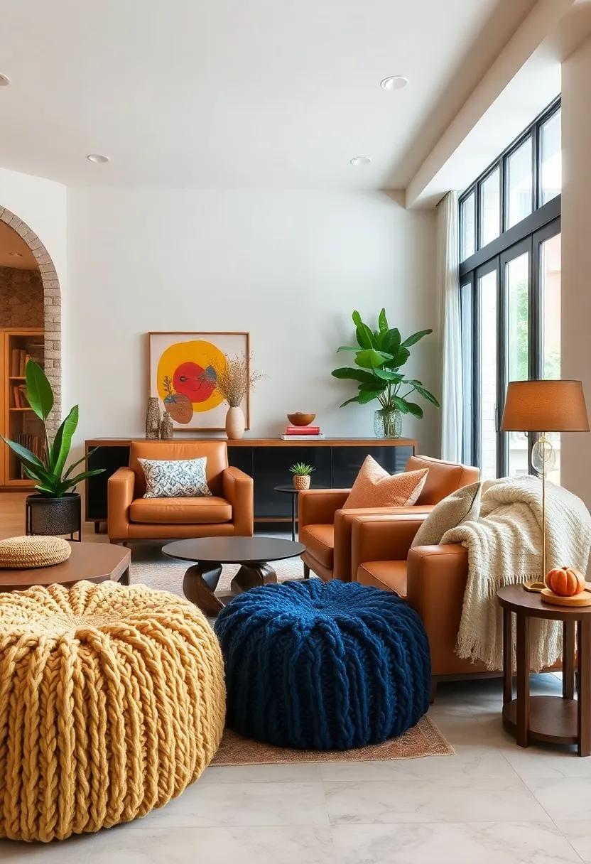 Contrasting Smooth Leather Chairs with Chunky Knit Poufs to Invite Tactile Play