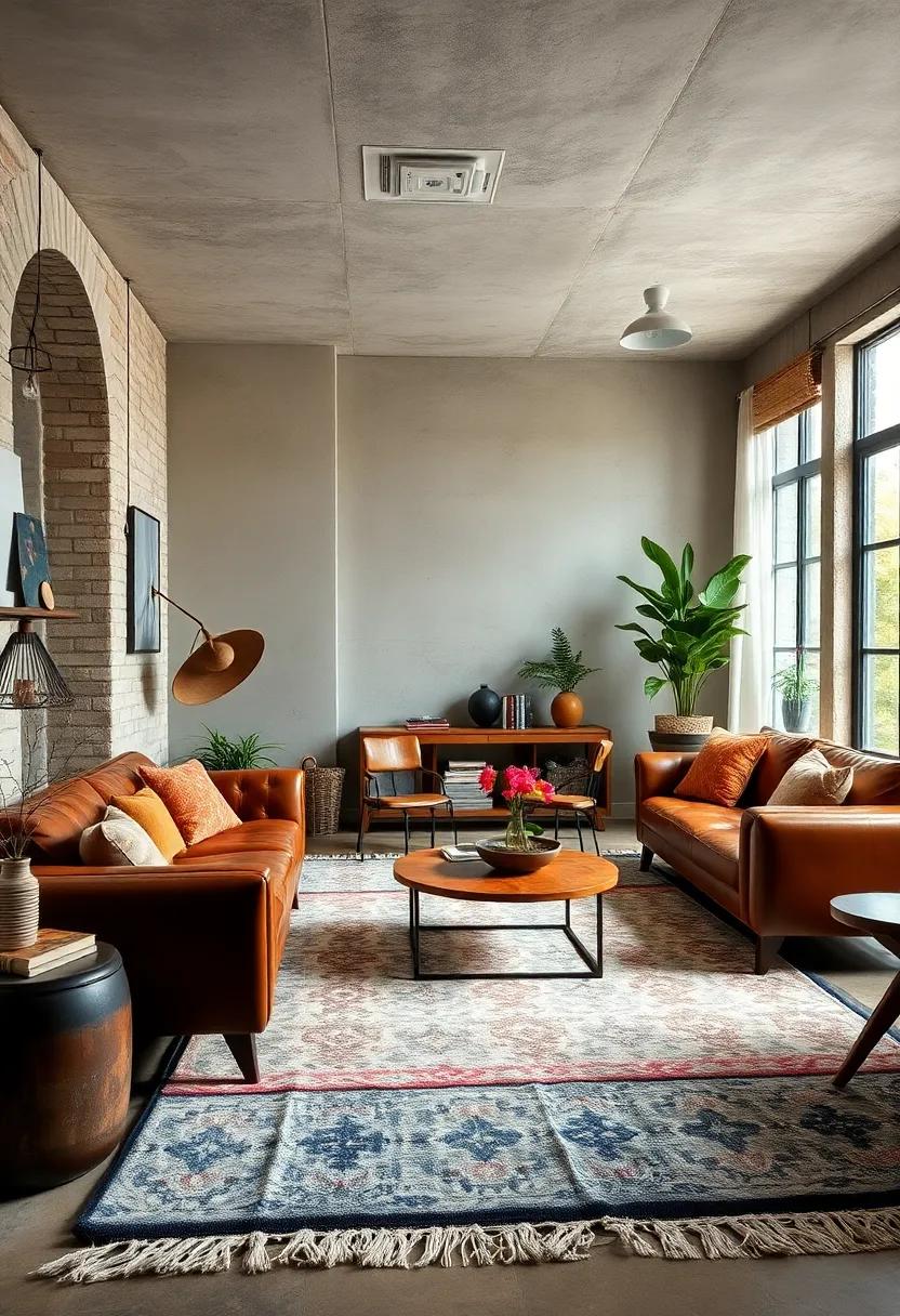 Interweaving Plush Rugs and Distressed Leather Furniture for Warmth and Character