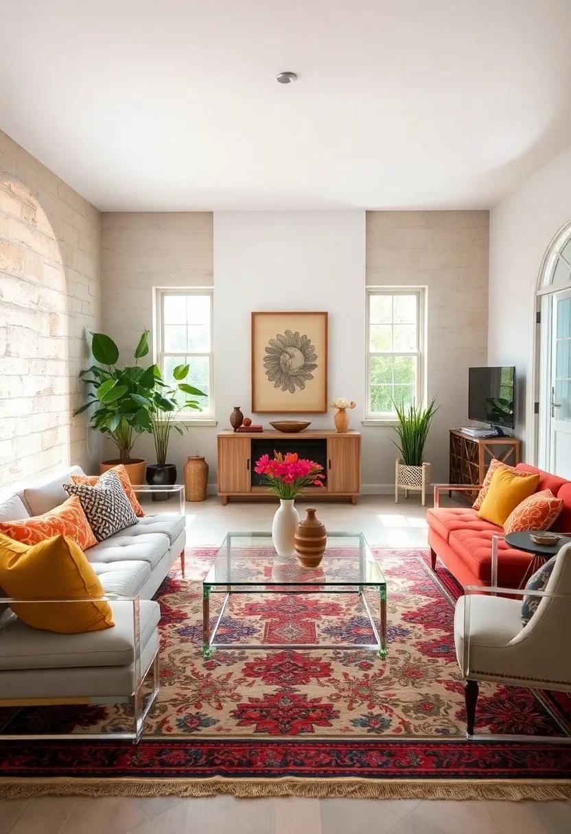 The Art of Layering Transparent Acrylic Furniture over Patterned Vintage Rugs