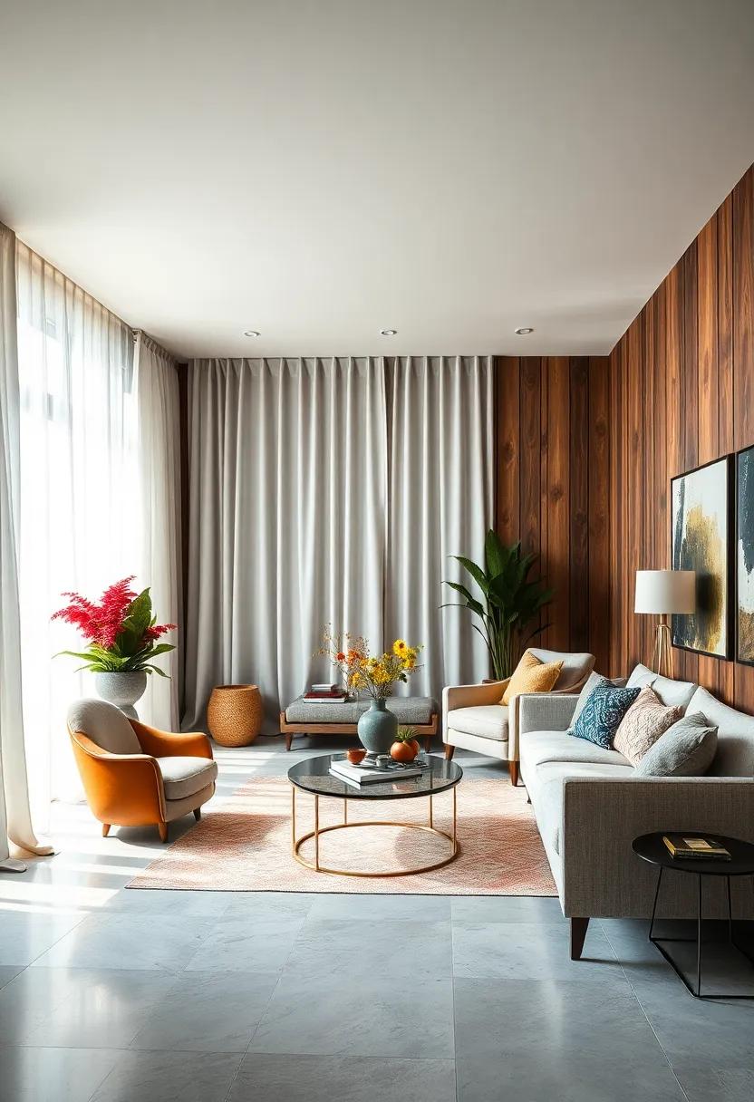 The Visual Dance of Crinkled Silk Curtains with Polished Wood Paneling