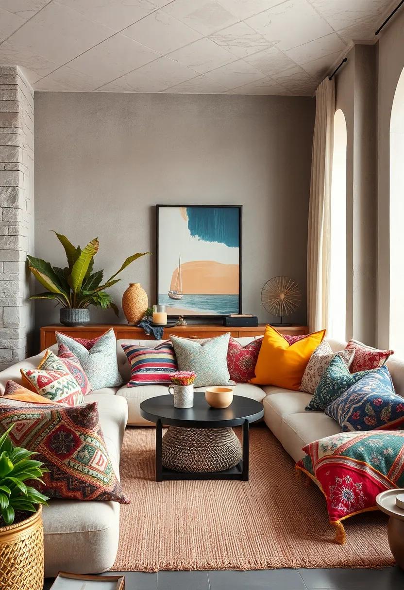 A Bohemian Tapestry of Patterns and Prints Blended Seamlessly Through Strategic Pillow Placement