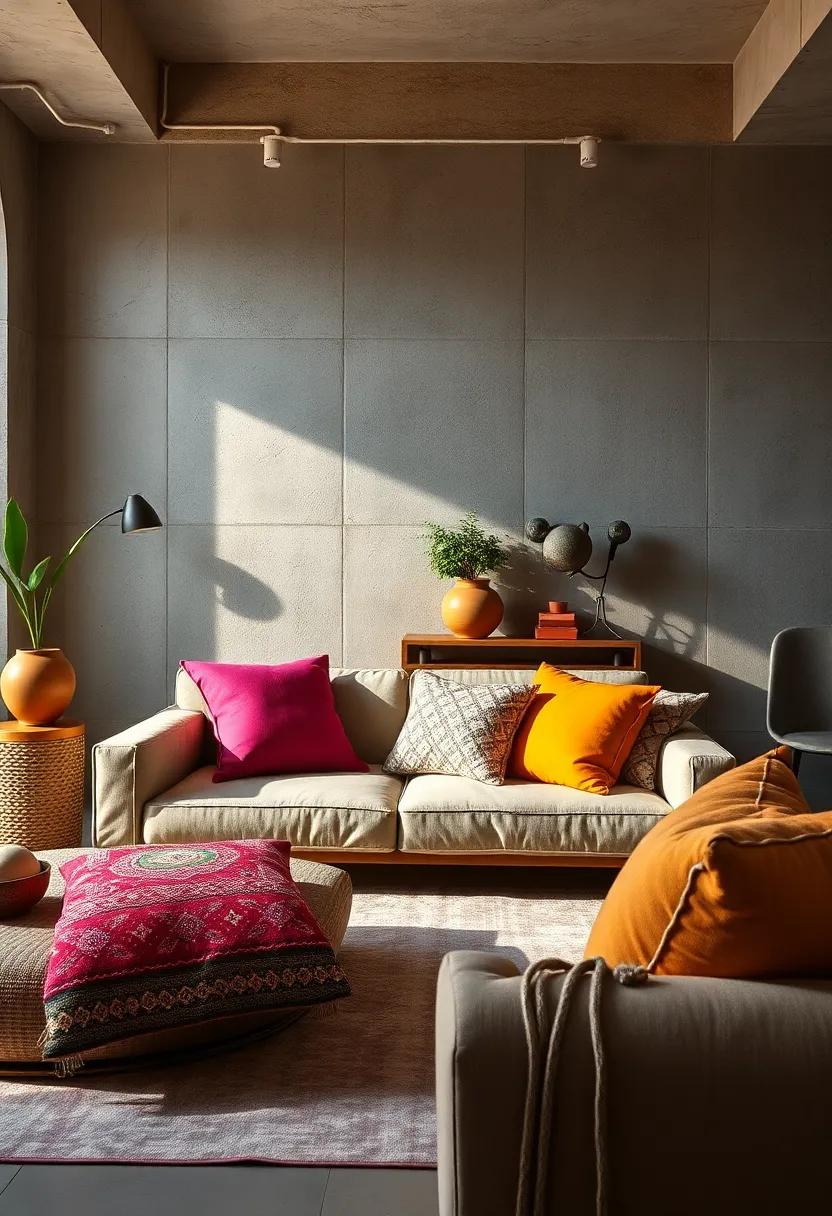 The Energy Shift Infused by Bright Color Pops Amid Muted Room Tones Through Diverse Pillow Choices