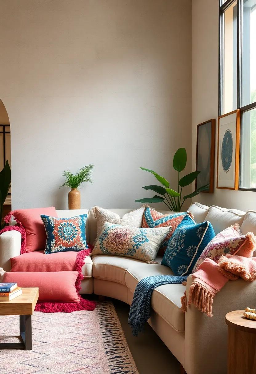 Playful Boho Elements Captured Through Fringed, Embroidered, and Printed Pillow Mixes