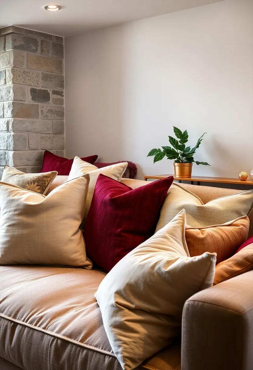 Unexpected Metallic Accents Sparkle Among Plush Pillows for a Glamorous Eclectic Look