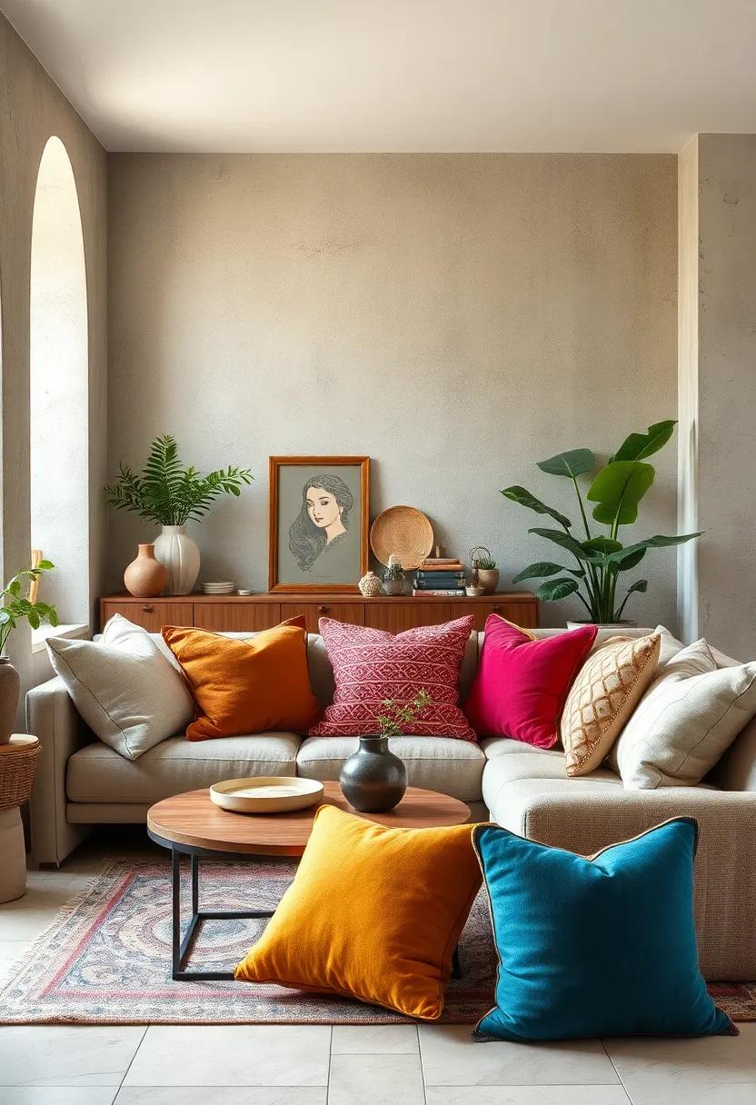 Warm Earth Tones Balance Cool Hues When Pillows Are Styled For Harmonious Contrast