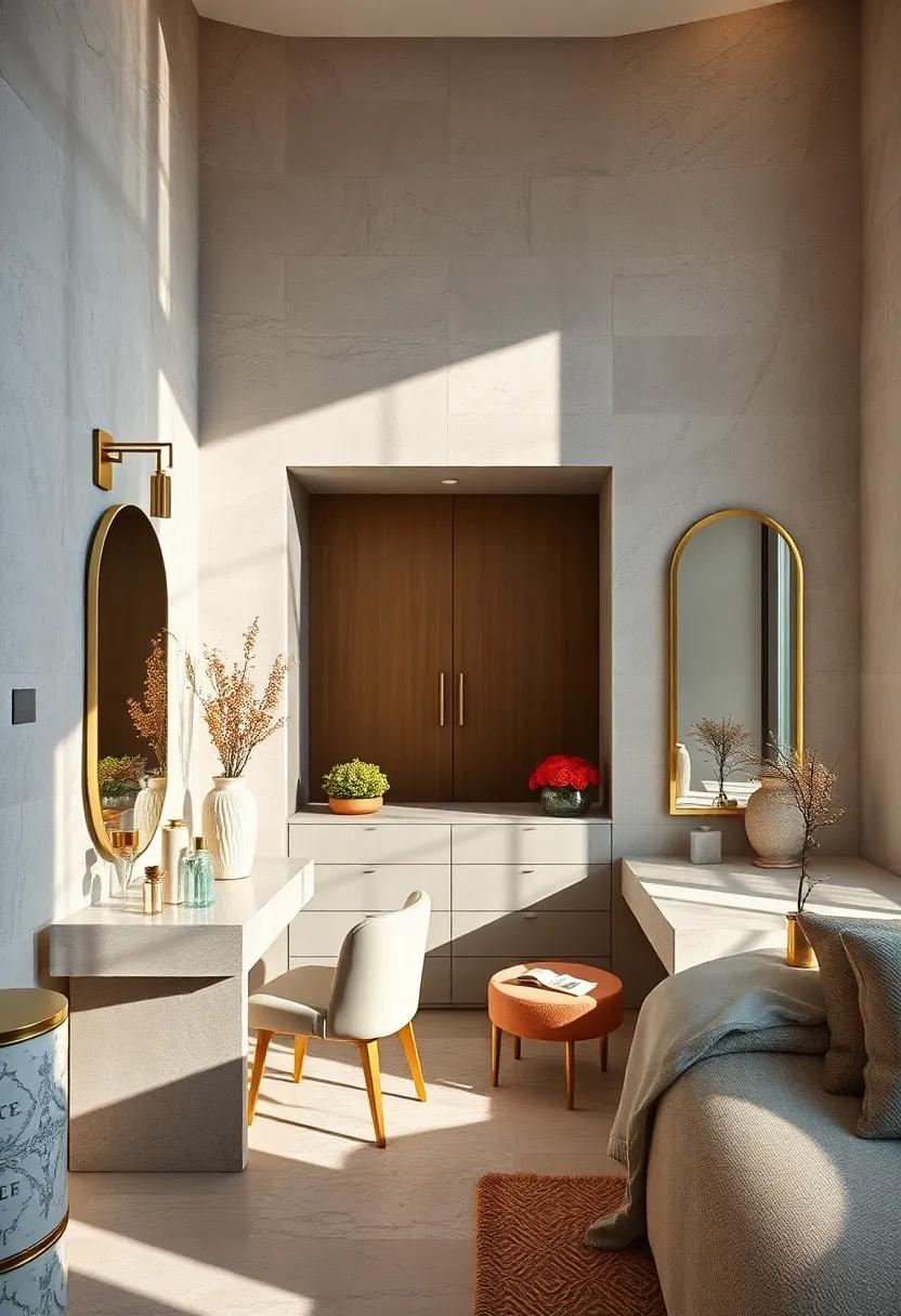 Chic Vanity Tables Bathed in Natural Light Surrounded by Elegant, Ornate Decor Pieces