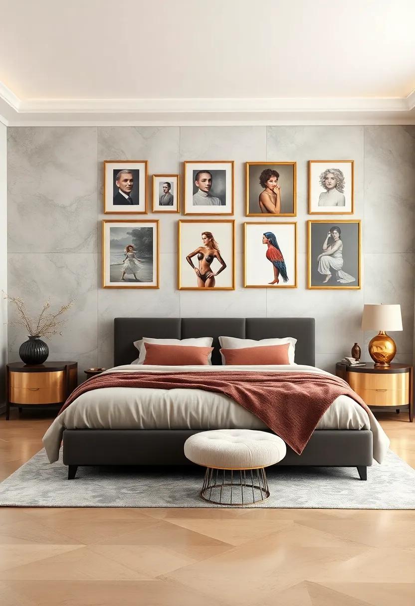 Curating a Gallery Wall of Chic Art Prints and Gold-Framed Portraits to Enhance Bedroom Sophistication