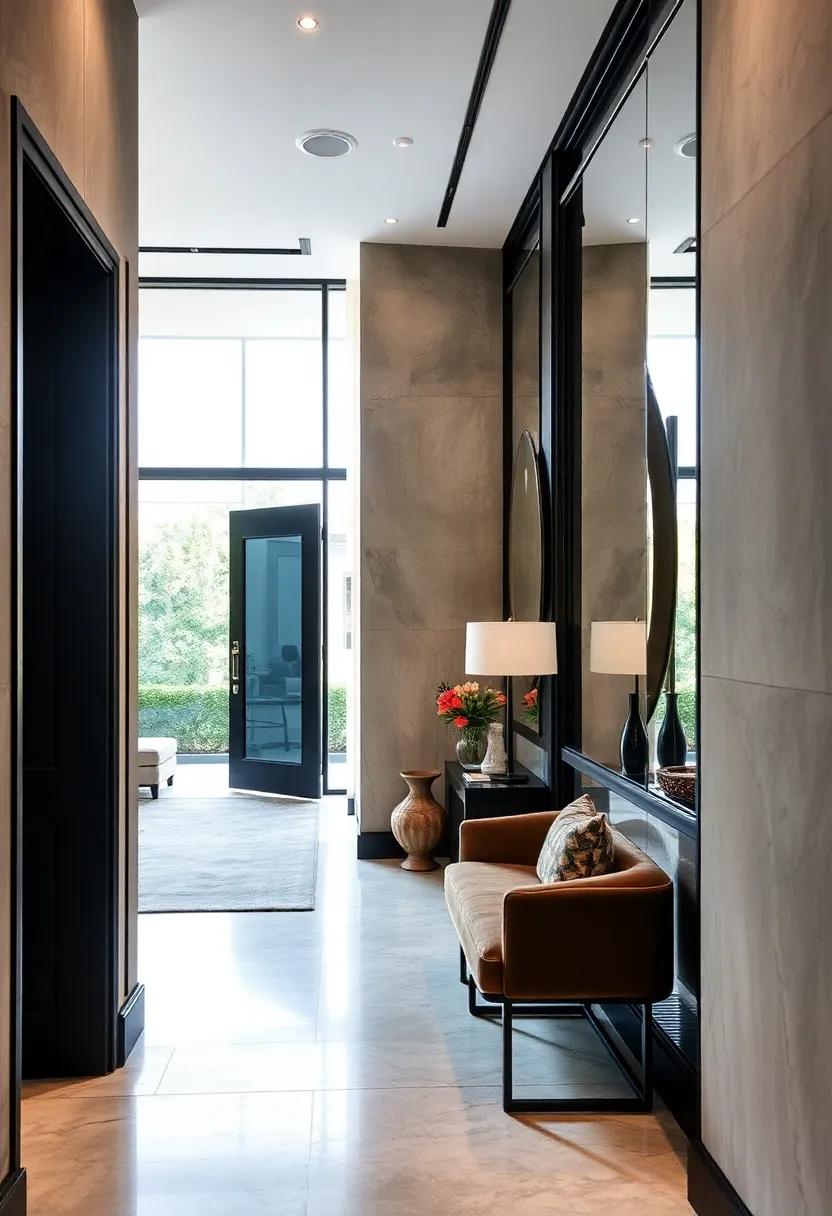 Bold Black Trim Accenting Mirrored Walls To Craft A Dramatic Entryway With Striking Elegance