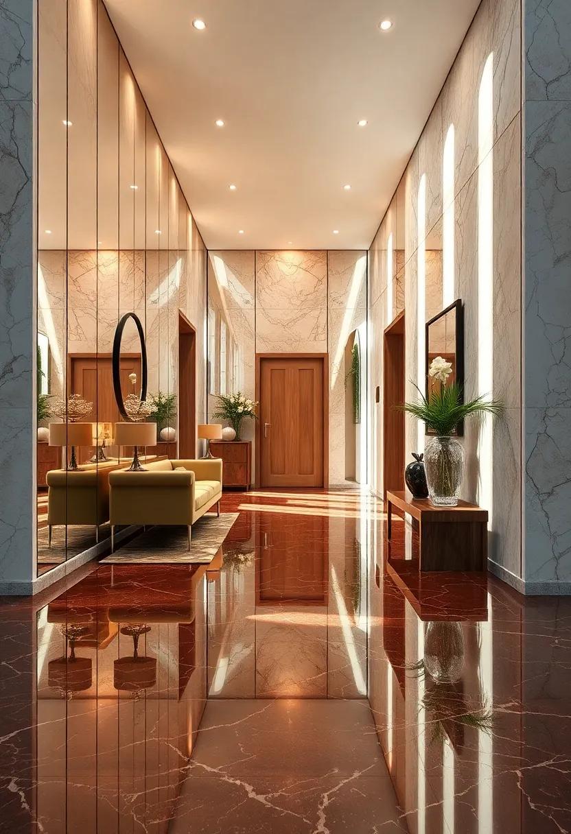 High Gloss Entryway Floors Reflecting Mirrored Walls For A Cohesive And Radiant Interior Scene