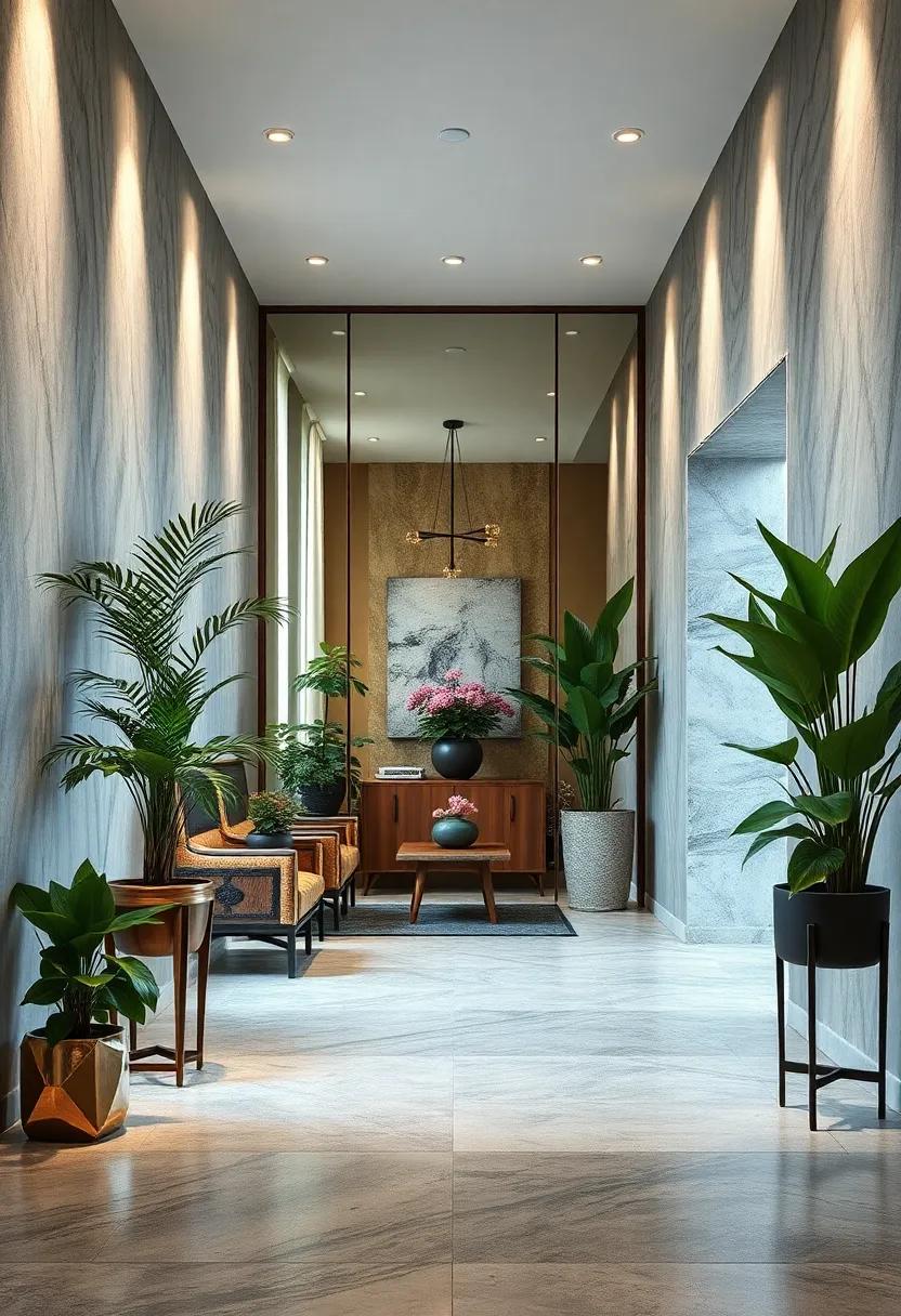 Mirrored Walls Paired With Indoor Plants Bringing Freshness And Vibrancy To The Entry Experience